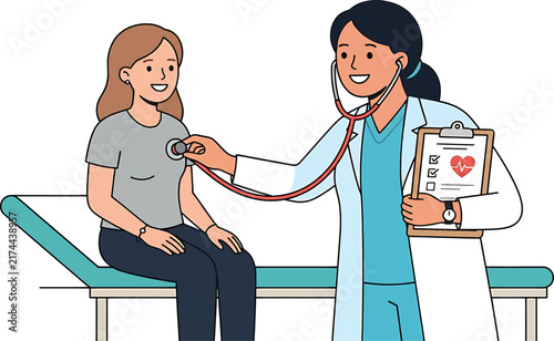 A professional medical illustration showing a female doctor examining a young girl patient with a stethoscope