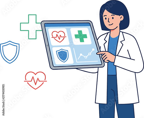 A professional female doctor using a tablet to review medical data in this modern healthcare digital illustration