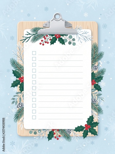 Festive winter holiday checklist clipboard template decorated with evergreen branches and red berries on snowy background for seasonal planning concept