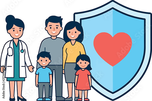 A professional medical doctor standing with a happy family next to a protective shield heart illustration