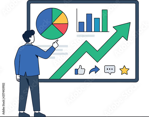 A professional digital illustration of a businessman analyzing financial growth charts and performance metrics on a screen