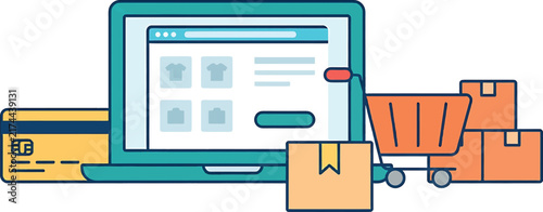 A colorful flat design illustration depicting online shopping with a laptop credit card and delivery shipping boxes