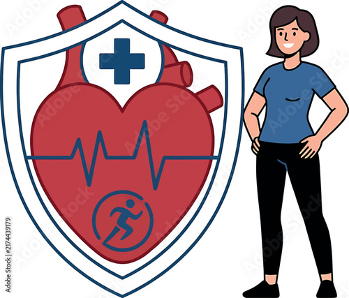 A colorful cartoon illustration featuring a healthy heart shield and an active woman representing cardiovascular fitness and wellness