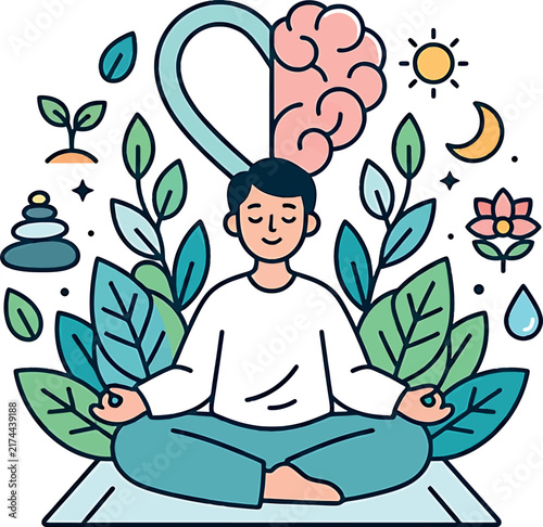 A peaceful meditation illustration featuring a person sitting in lotus position surrounded by nature and mental wellness symbols