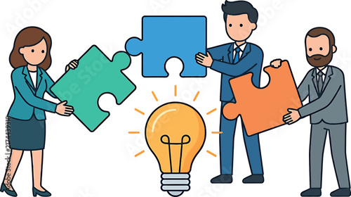 Professional business team working together to solve a complex problem in this creative flat vector style illustration