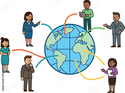 A professional digital illustration showing diverse business people connecting globally around a central earth globe map icon