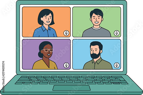 A colorful digital illustration showing a diverse group of people participating in a remote virtual video conference call