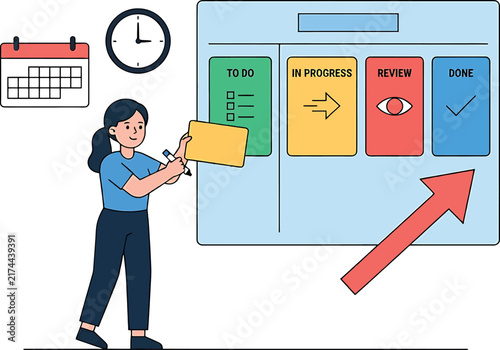 A professional digital illustration showing a woman managing tasks on a kanban board with time tracking elements