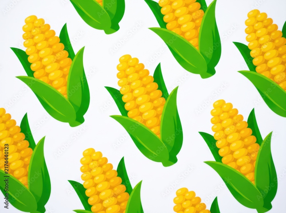 Fresh corn cobs with green husks arranged in a seamless pattern on a clean white background