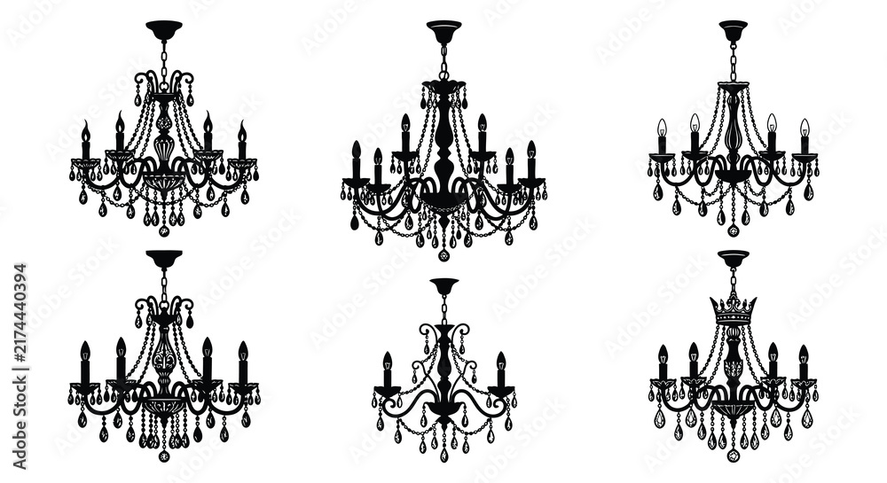 Fototapeta premium Collection of ornate chandeliers depicted in a detailed black vector illustration