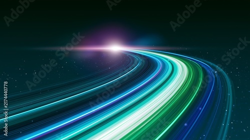 Colorful light trails create a pathway through a dark space with stars scattered in the background