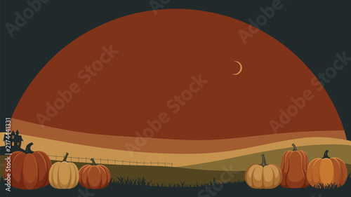 Halloween pumpkin field horizon with rows of pumpkins, spooky autumn landscape, eerie silhouettes, seasonal atmosphere, and festive minimalist vector decoration