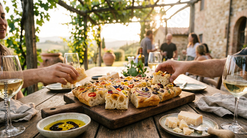 Hands taking pieces of italian focaccia during summer gathering in vineyard