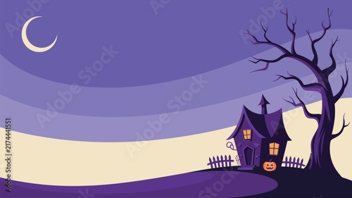 Spooky tiny haunted cottage Halloween clipart with crooked roof, glowing windows, eerie trees, pumpkins, moonlit atmosphere, and charming minimalist vector artwork