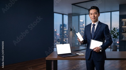 Asian businessman holding smartphone and tablet mockups in modern corporate office
