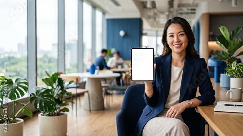 Smiling Asian businesswoman holding a digital tablet with a blank white screen in a modern office