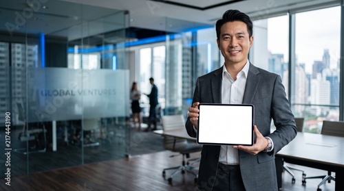 Confident Asian Businessman Presents Digital Tablet with Blank Screen in Modern Office, Highlighting Professionalism and Global Business Opportunities