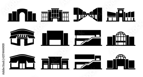 Modern Shopping Mall Icons, Retail Store Facades, Commercial Building Silhouettes, Urban Architecture Collection