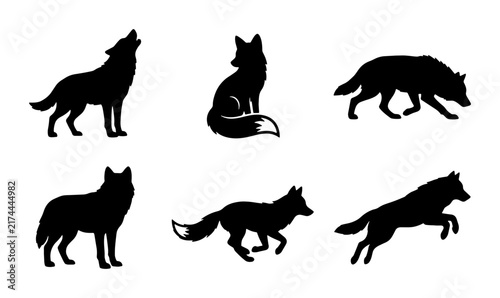 Konstfotografi Wolf Silhouettes Vector Pack: Howling, Running, Sitting Canine Animal Icons