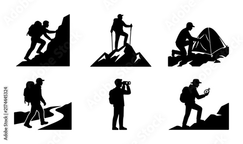 Silhouette Icons: Hikers, Climbers, Campers, Explorers, Adventurers, Outdoor Activities Set