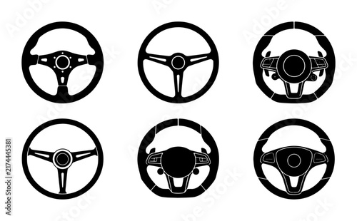 Set of 6 Car Steering Wheel Icons, Automotive Control Symbols, Vehicle Driving Interface Elements, Modern and Classic Designs
