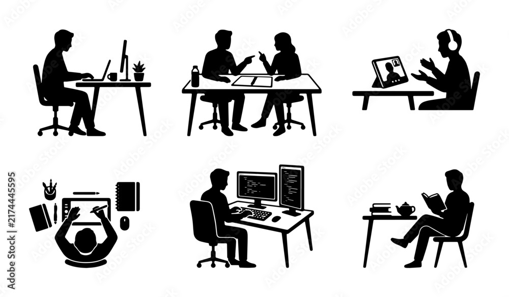 Fototapeta premium Modern Silhouette Icons: Diverse Work & Study Scenarios, Office, Remote Work, Learning, Collaboration, Digital Devices, Vector Set
