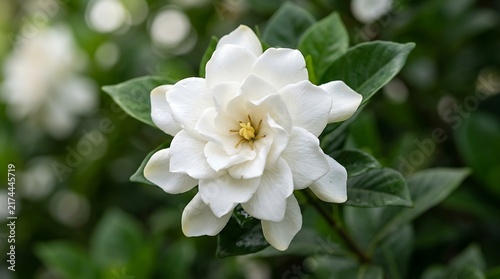 A single white gardenia flower with lush green leaves blooming in a garden wallpaper and background