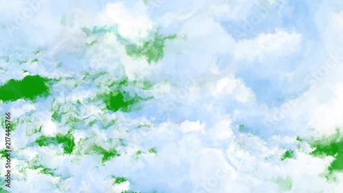 Dense white cloudscape expanding from center dynamically, realistic cloudy sky reveal transition overlay animation, natural dream atmosphere visual motion element on green background. 4k video