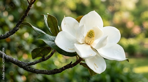 A single white magnolia flower blooming on a tree branch with green leaves wallpaper and background