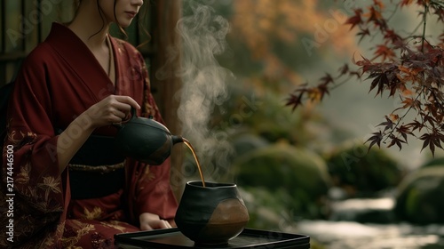 Woman pours tea in a garden with autumn leaves in Japan during the afternoon