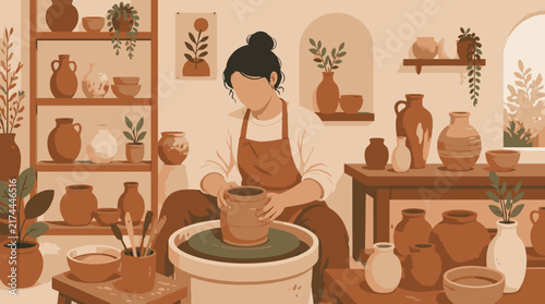 Ceramist working on pottery wheel surrounded by artwork and supplies