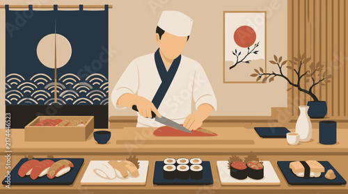 Chef preparing raw fish for sushi in restaurant setting