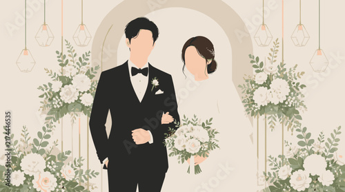 Couple in formal attire with floral wedding decor