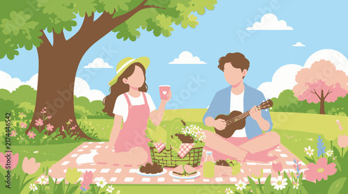 Couple enjoying outdoor picnic activity with music