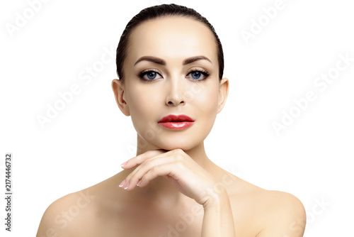 Young pretty woman with smooth and clean skin is posing, isolated