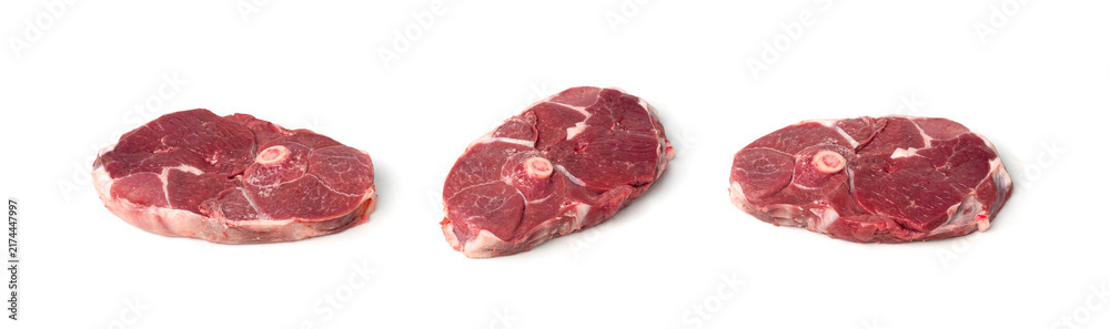 Obraz premium Raw mutton leg fillet isolated, lamb meat pieces, tenderloin or mutton sirloin meat, fresh sheep fillet