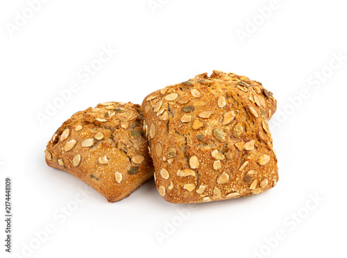 Pumpkin seeds bread isolated, breakfast roll with pepita seeds. Fitness square bun, healthy burger