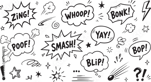 Foto Hand-drawn comic book sound effect speech bubbles including Zing Poof Smash Whoo