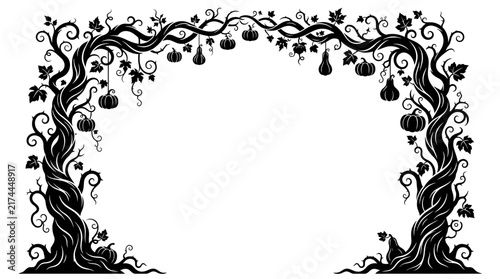 Foto Haloween border Halloween vine arch frame with twisted trees and pumpkins