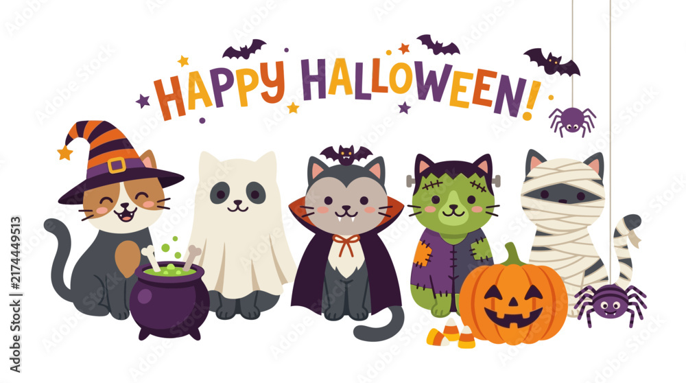 Naklejka premium Cute Halloween Characters and Pumpkin illustration