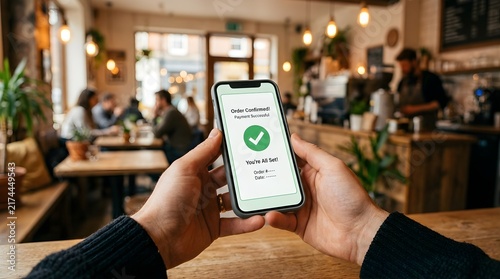 Person holding smartphone displaying a successful mobile payment confirmation