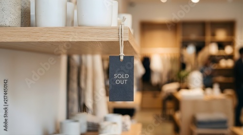 Sold out sign hanging on wooden store shelf in a retail boutique shop