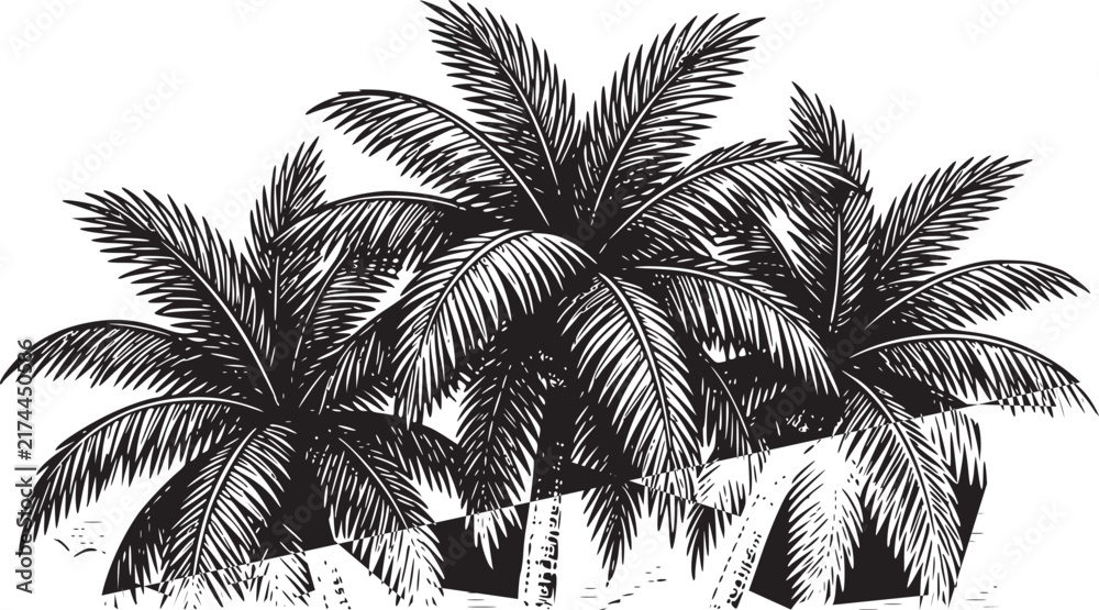 Naklejka premium Close-up of lush green palm tree fronds swaying in tropical breeze, vibrant natural foliage for summer and vacation themes, detailed botanical illustration.