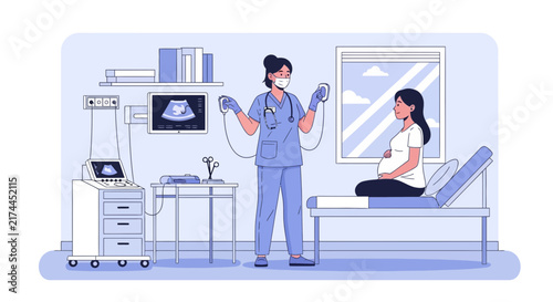 Medical Prenatal Examination Depicting Ultrasound Procedure for Expectant Mother in a Clinic Setting