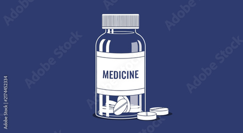 Medical Prescription Bottle Illustration in White Outline over a Striking Blue Backdrop