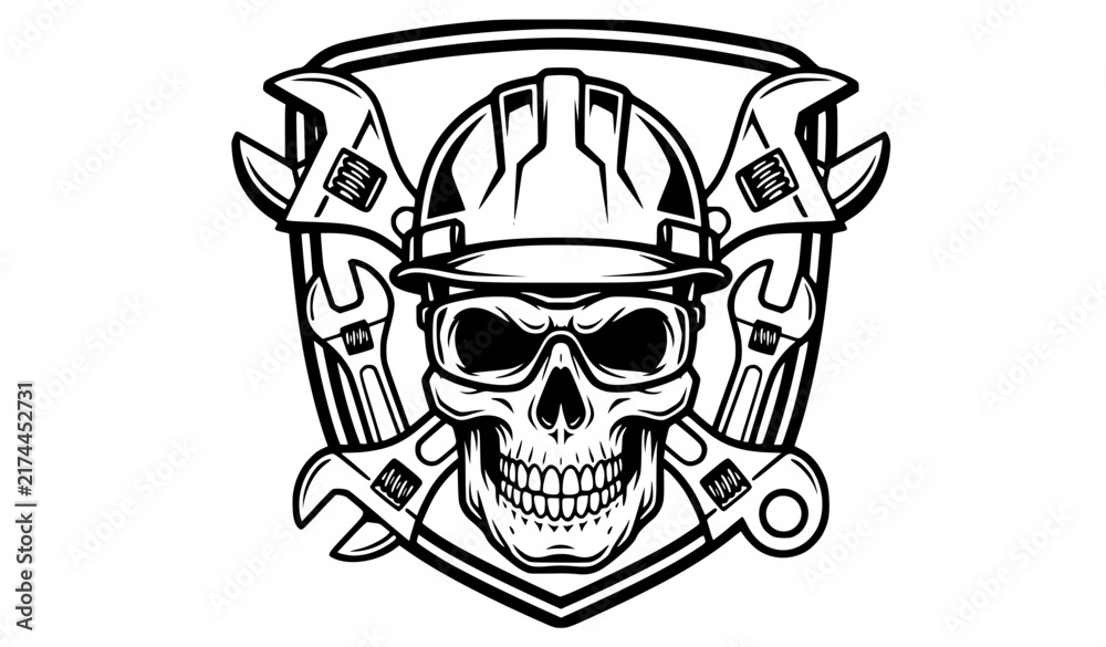 Fototapeta premium Industrial skull helmet safety glasses wrench mechanic emblem vector