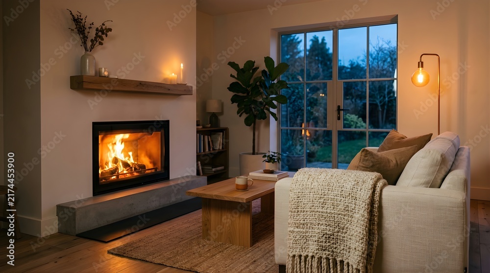 Fototapeta premium Cozy Modern Living Room Interior with Warm Fireplace at Twilight