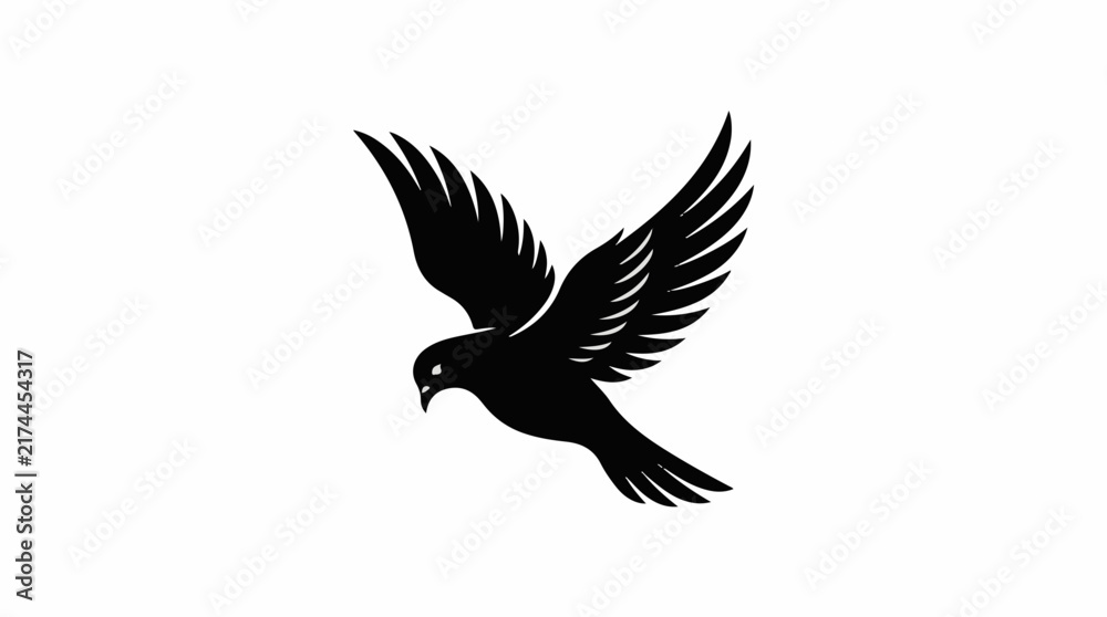 Fototapeta premium Black silhouette of a dove flying against a white background