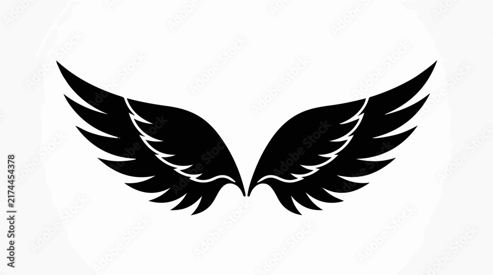 Fototapeta premium Minimalist black silhouette of angel wings on a white background