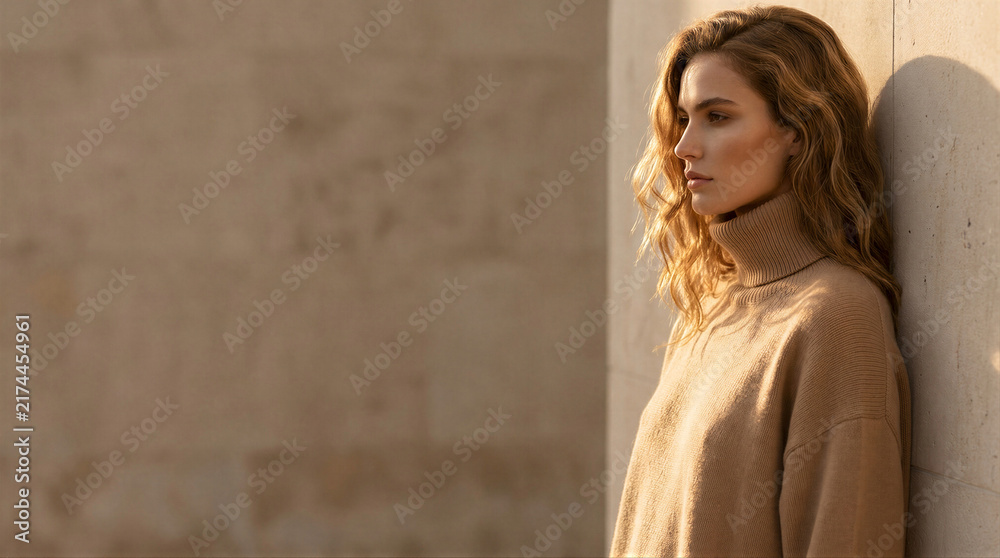 Fototapeta premium Young woman in beige turtleneck sweater leaning against wall in side profile. Warm sunlight on neutral background with copy space. Fashion, beauty and minimalist lifestyle concept